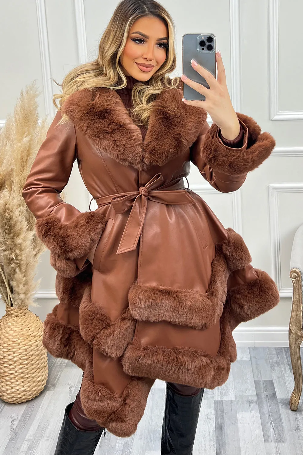 Allana Brown PU Faux Leather Faux Fur Tiered Trim Belted Longline Coat