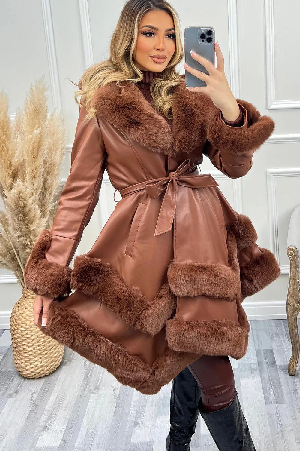 Allana Brown PU Faux Leather Faux Fur Tiered Trim Belted Longline Coat