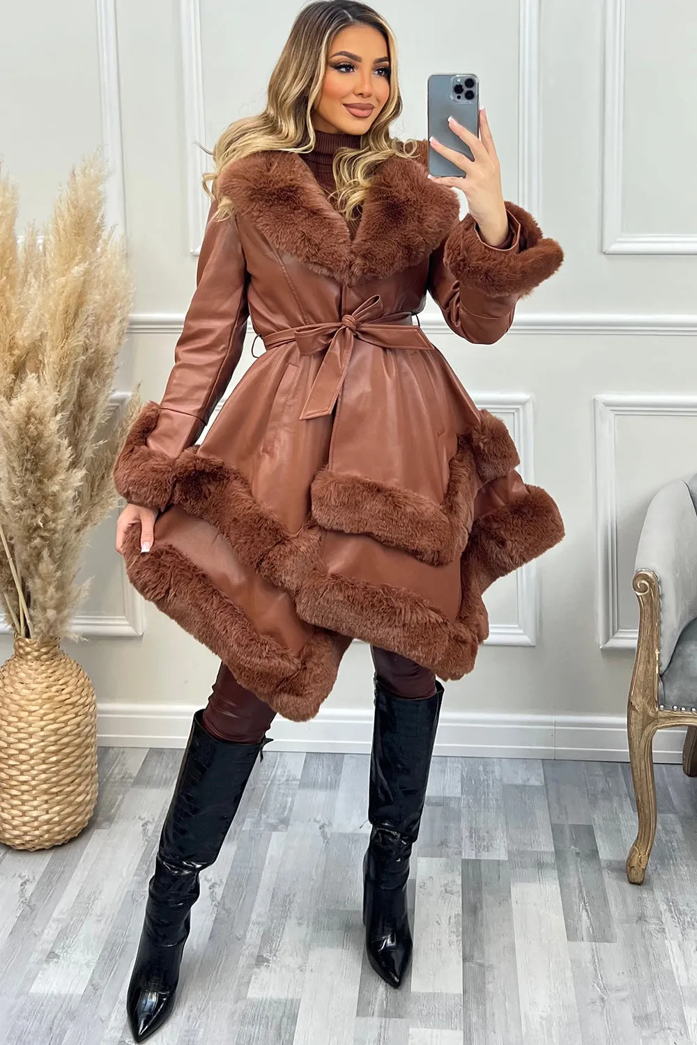 Allana Brown PU Faux Leather Faux Fur Tiered Trim Belted Longline Coat