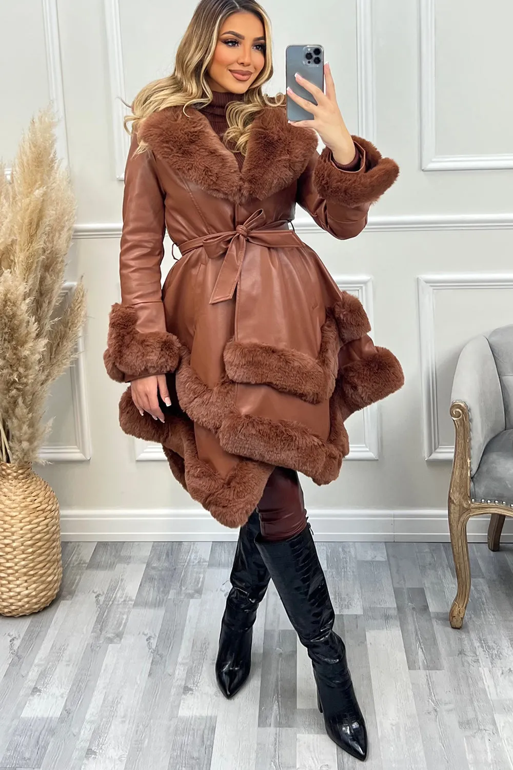 Allana Brown PU Faux Leather Faux Fur Tiered Trim Belted Longline Coat