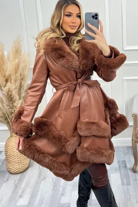 Allana Brown PU Faux Leather Faux Fur Tiered Trim Belted Longline Coat