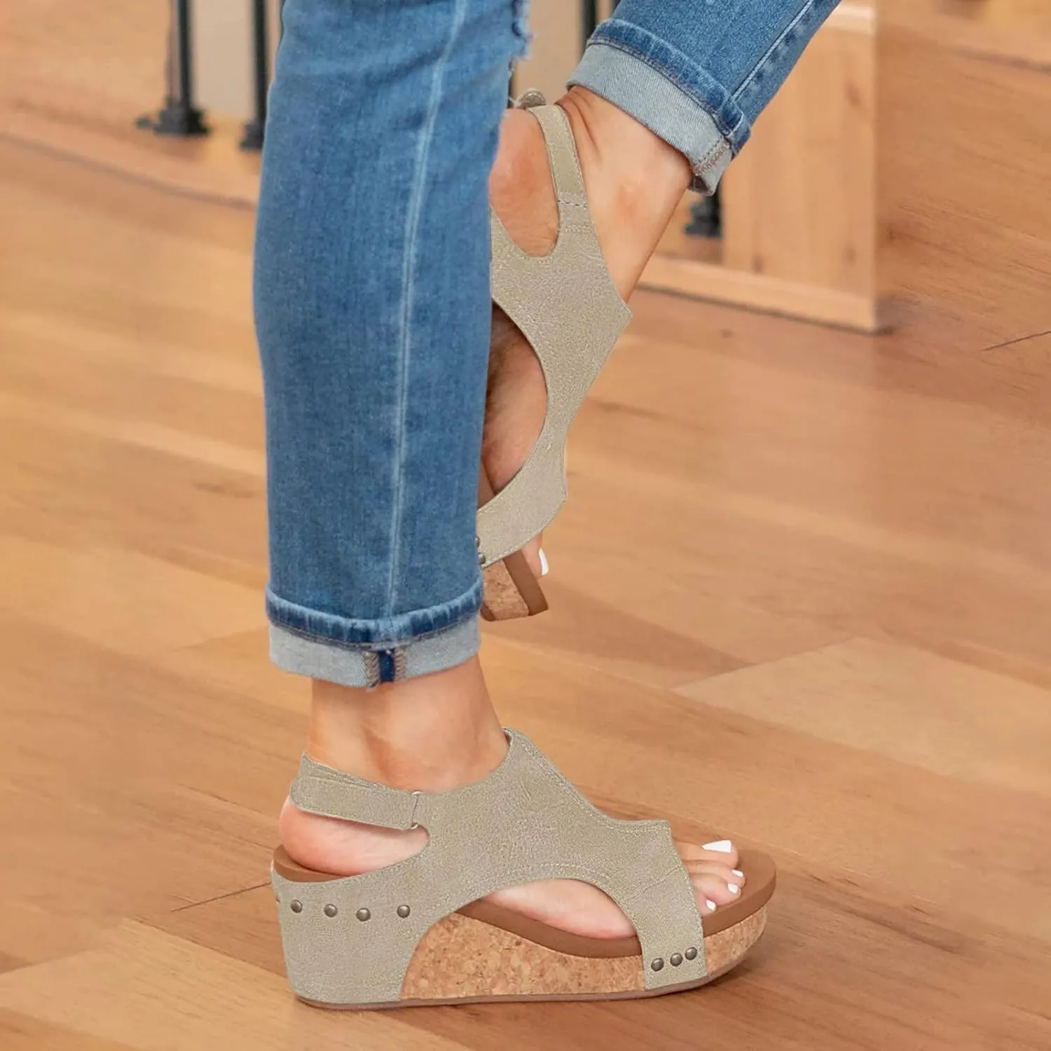 Cathalem Sandals Women Comfortable Platform Cork Wedges Espadrille Heel Strappy Leather Arch Support Sandals