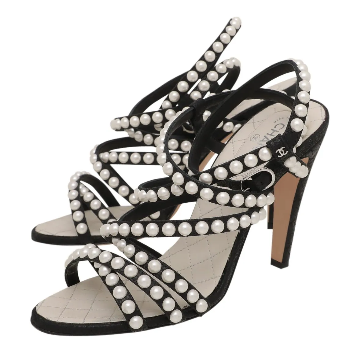 Chanel Bicolor Pearl Studded Strappy Ankle Strap Sandals 38