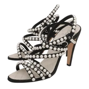 Chanel Bicolor Pearl Studded Strappy Ankle Strap Sandals 38