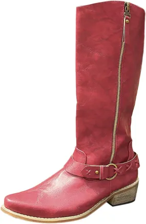 Crzidha Knee High Boots for Women Wide Calf,Vintage Faux Leather Pointed Toe Side Zipper Buckle Strap Work Boots Low Heel Country Work Boots Wide Calf Riding Boots