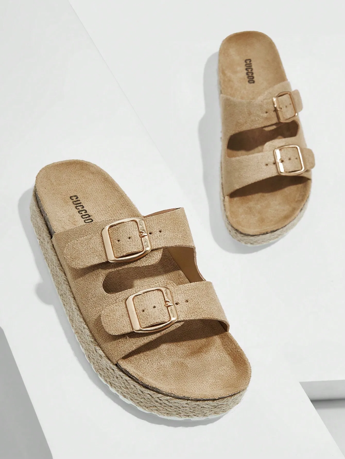 CUCCOO EASI Woman Shoes Double Buckle Decor Wedge Slide Vacation Brown Ourdoor Faux Suede Sandals For Summer Vacation Shoes Summer Sale, Birkenstocks Back To School Shoes College Student Shoes