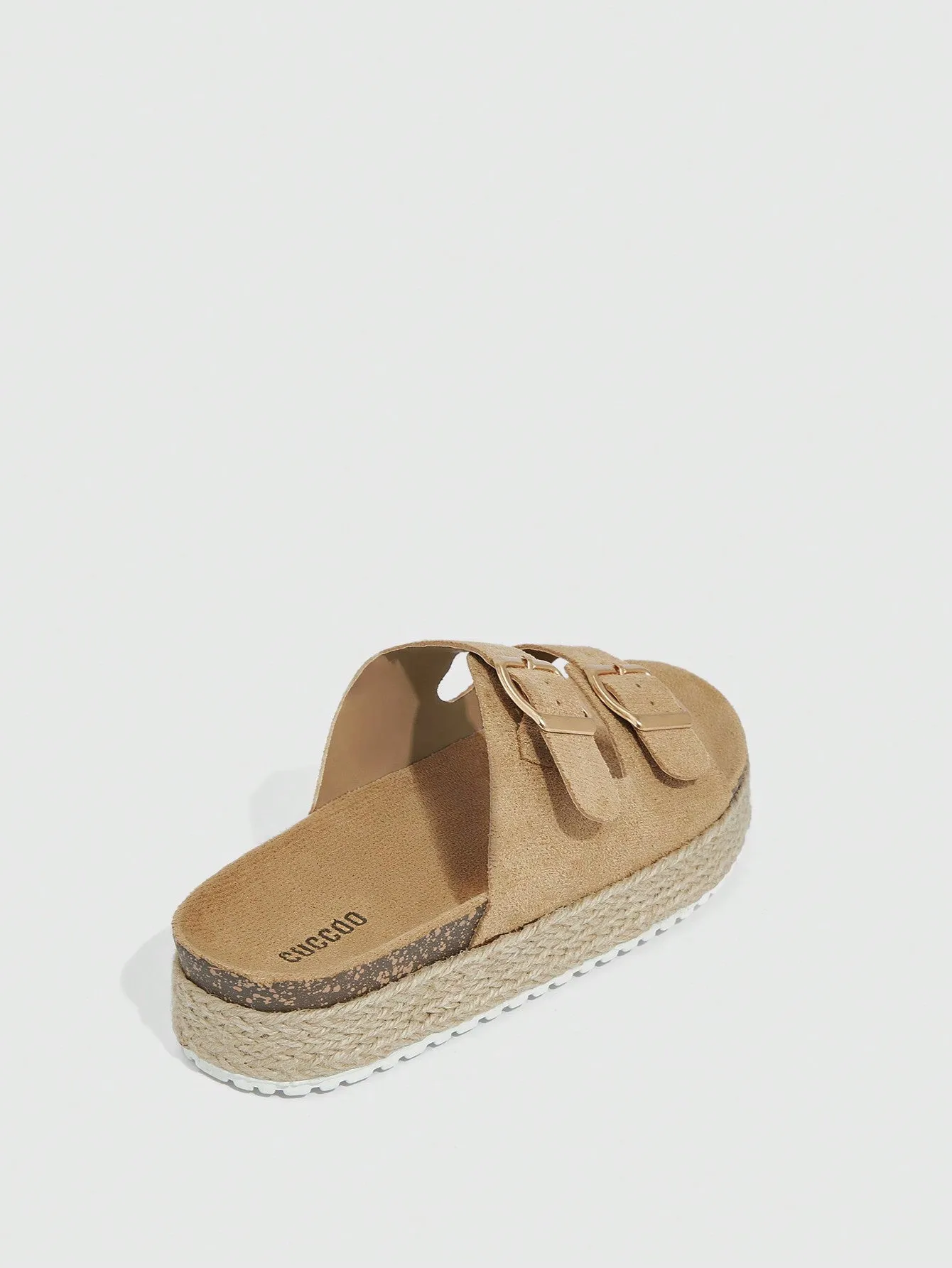 CUCCOO EASI Woman Shoes Double Buckle Decor Wedge Slide Vacation Brown Ourdoor Faux Suede Sandals For Summer Vacation Shoes Summer Sale, Birkenstocks Back To School Shoes College Student Shoes