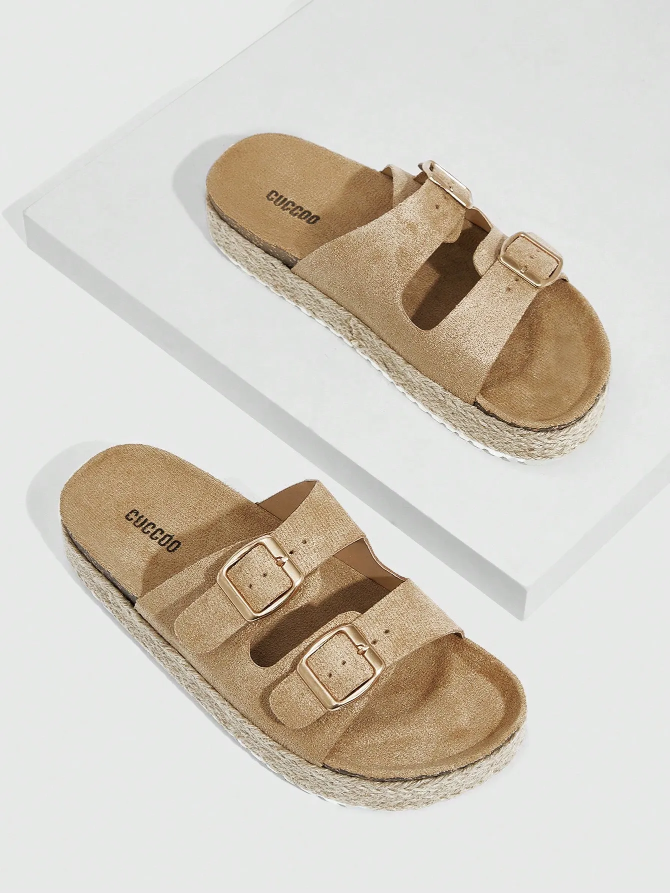 CUCCOO EASI Woman Shoes Double Buckle Decor Wedge Slide Vacation Brown Ourdoor Faux Suede Sandals For Summer Vacation Shoes Summer Sale, Birkenstocks Back To School Shoes College Student Shoes