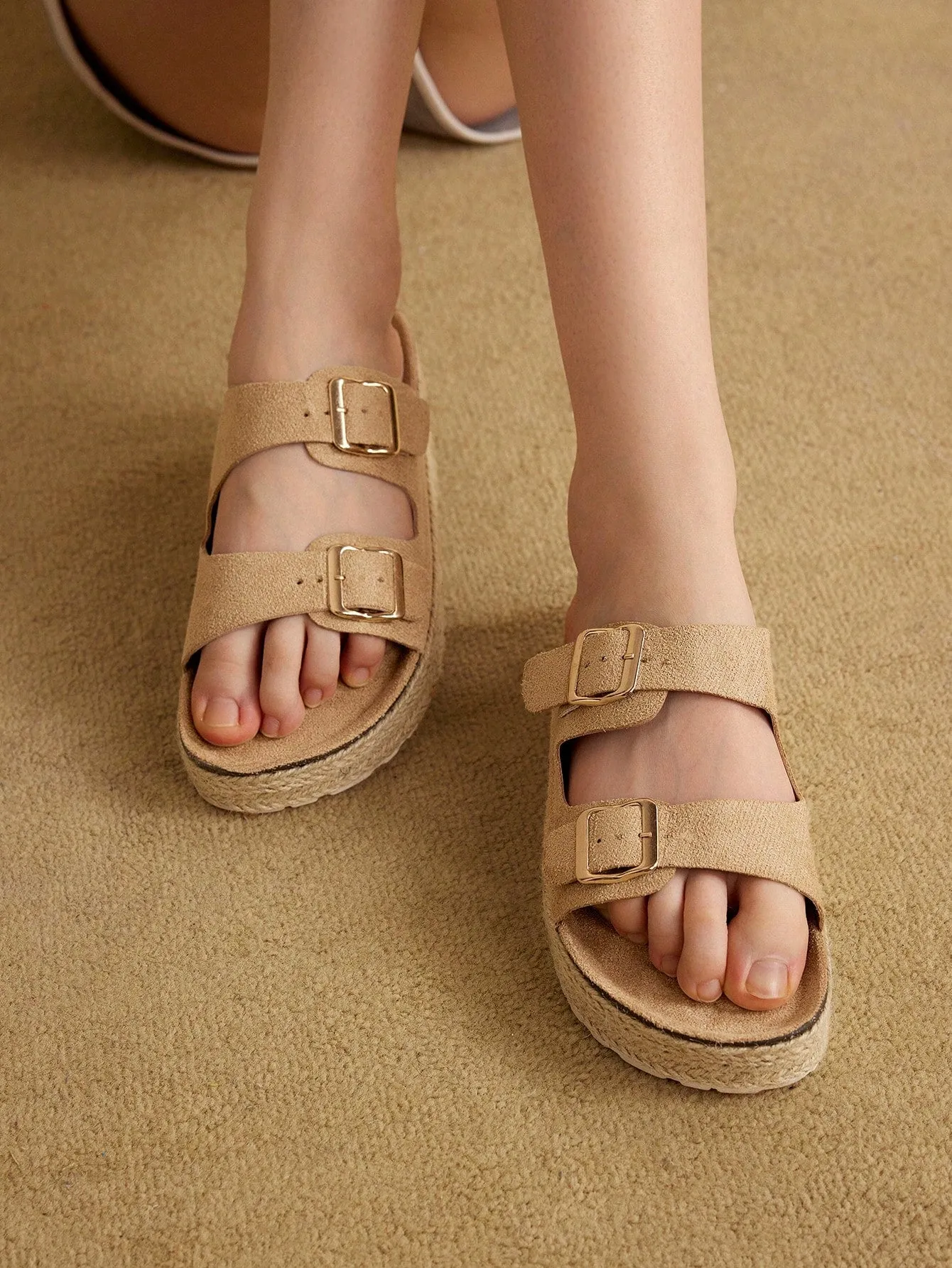 CUCCOO EASI Woman Shoes Double Buckle Decor Wedge Slide Vacation Brown Ourdoor Faux Suede Sandals For Summer Vacation Shoes Summer Sale, Birkenstocks Back To School Shoes College Student Shoes