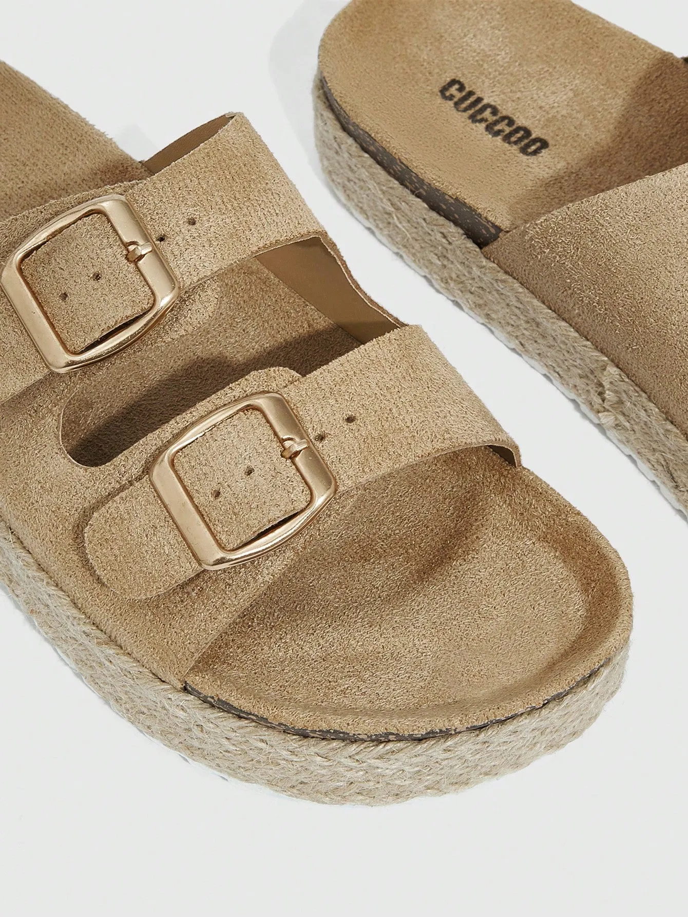 CUCCOO EASI Woman Shoes Double Buckle Decor Wedge Slide Vacation Brown Ourdoor Faux Suede Sandals For Summer Vacation Shoes Summer Sale, Birkenstocks Back To School Shoes College Student Shoes