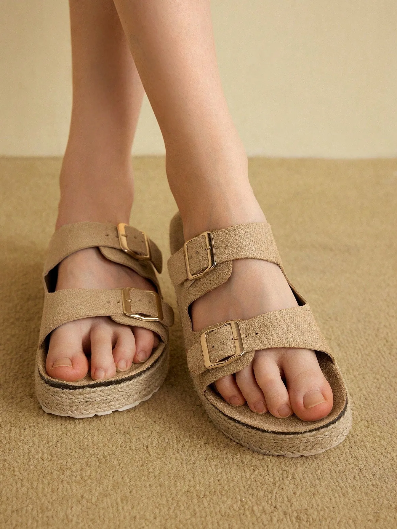 CUCCOO EASI Woman Shoes Double Buckle Decor Wedge Slide Vacation Brown Ourdoor Faux Suede Sandals For Summer Vacation Shoes Summer Sale, Birkenstocks Back To School Shoes College Student Shoes