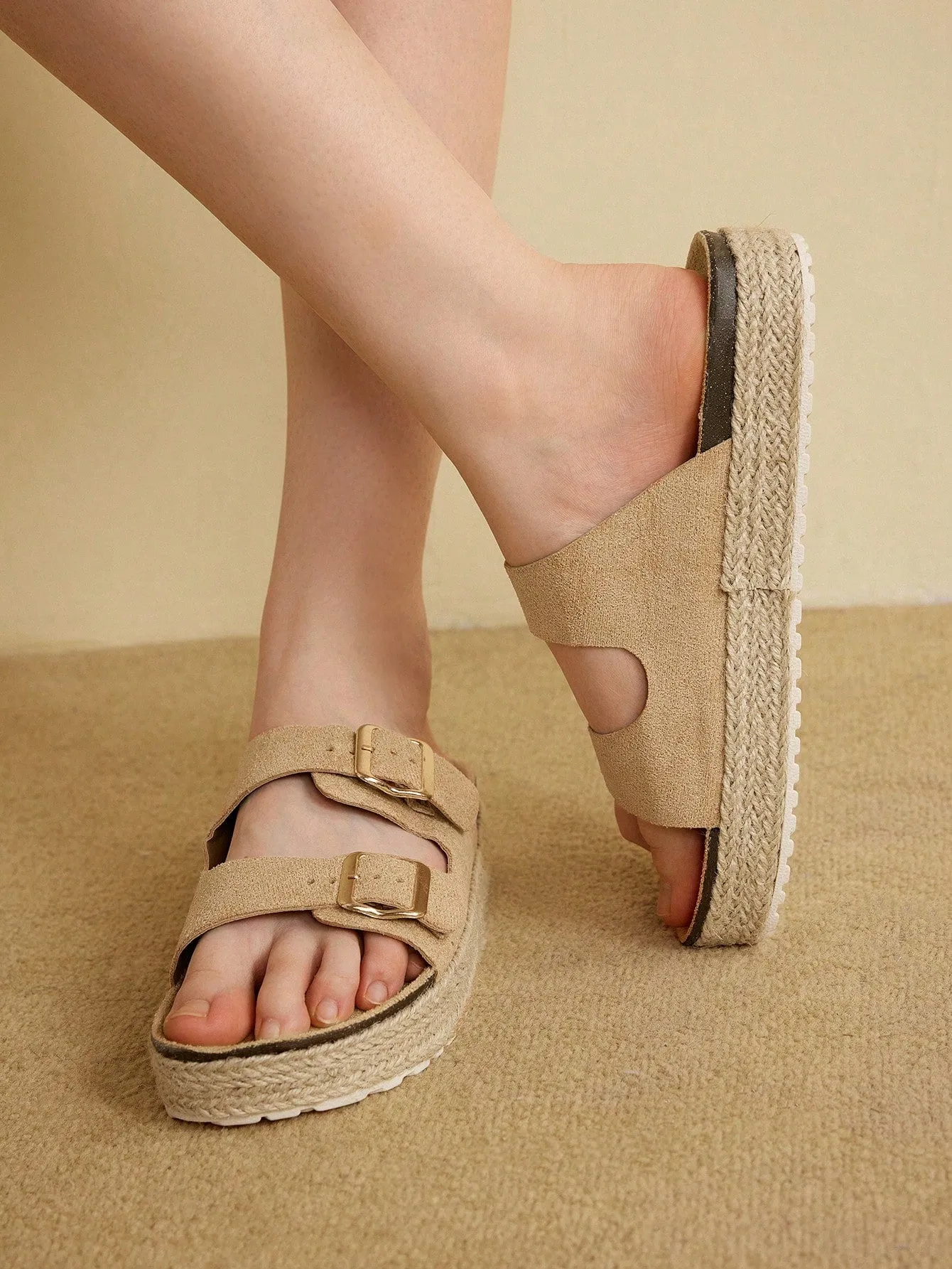 CUCCOO EASI Woman Shoes Double Buckle Decor Wedge Slide Vacation Brown Ourdoor Faux Suede Sandals For Summer Vacation Shoes Summer Sale, Birkenstocks Back To School Shoes College Student Shoes