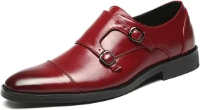 HOOENG Oxford Shoes for Men Slip on Monk Strap Cap Toe Black Burnished Toe PU Leather Anti-Slip Block Heel Rubber Sole Outdoor (Color : Red, Size : 11.5)