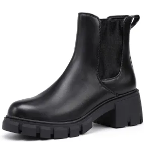 IDIFU IN2 Chelsea Boots Women Ankle Boots for Women Platform Low Heel Short Chunky Lug Sole Block Round Toe Boots Fall Dress Comfortable Fashion Booties for Women Elastic Heeled Boots