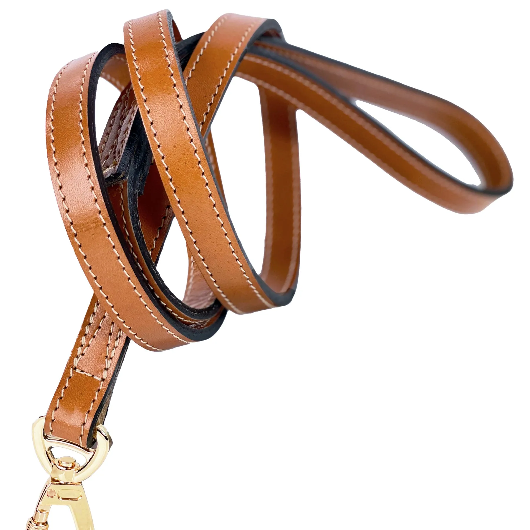 Italian Tan Leather Dog Leash in Gold
