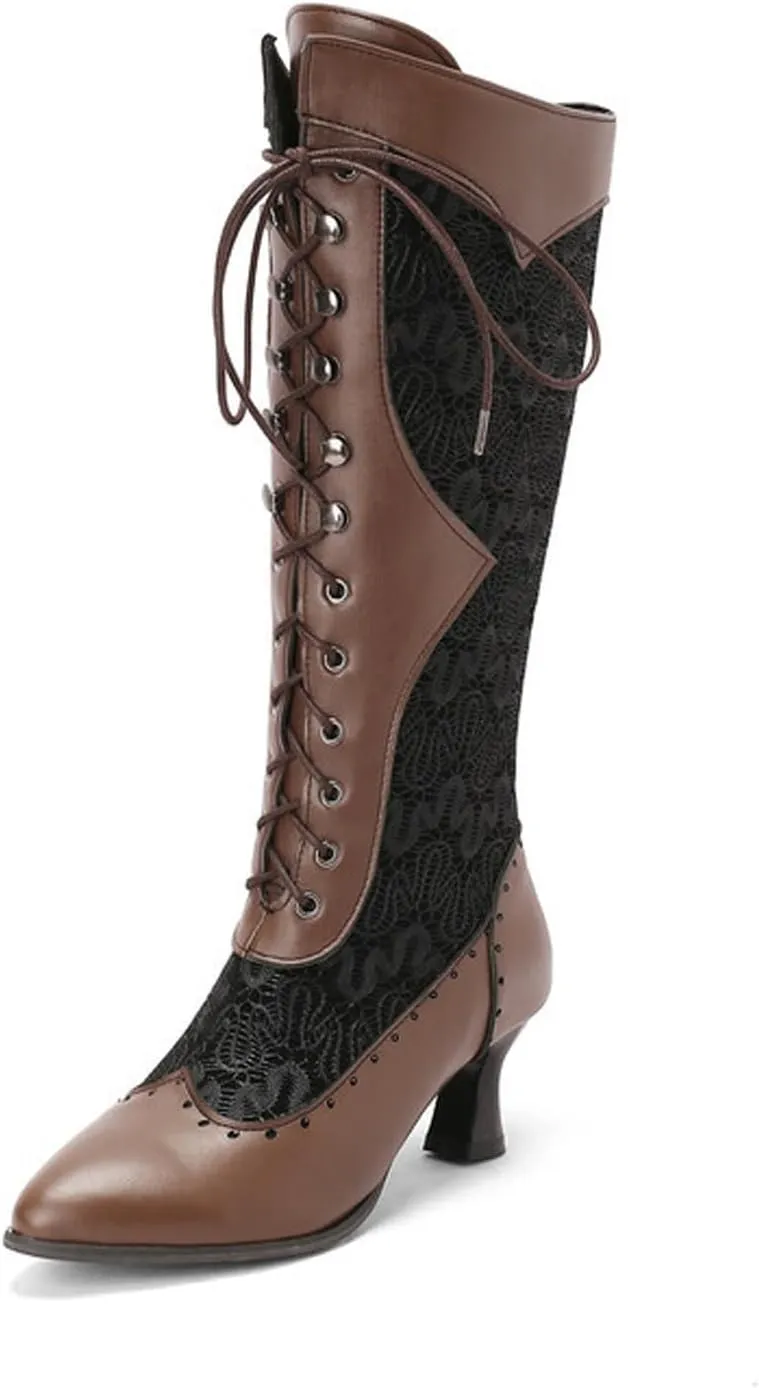 Knee High Combat Boots Womens Lace Up High Heel Leather Boots Lace Splicing Cowboy Riding Boots
