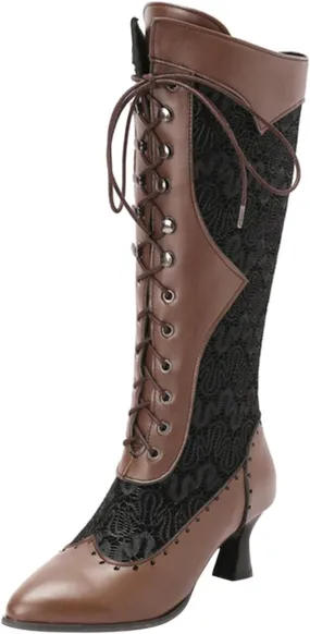 Knee High Combat Boots Womens Lace Up High Heel Leather Boots Lace Splicing Cowboy Riding Boots