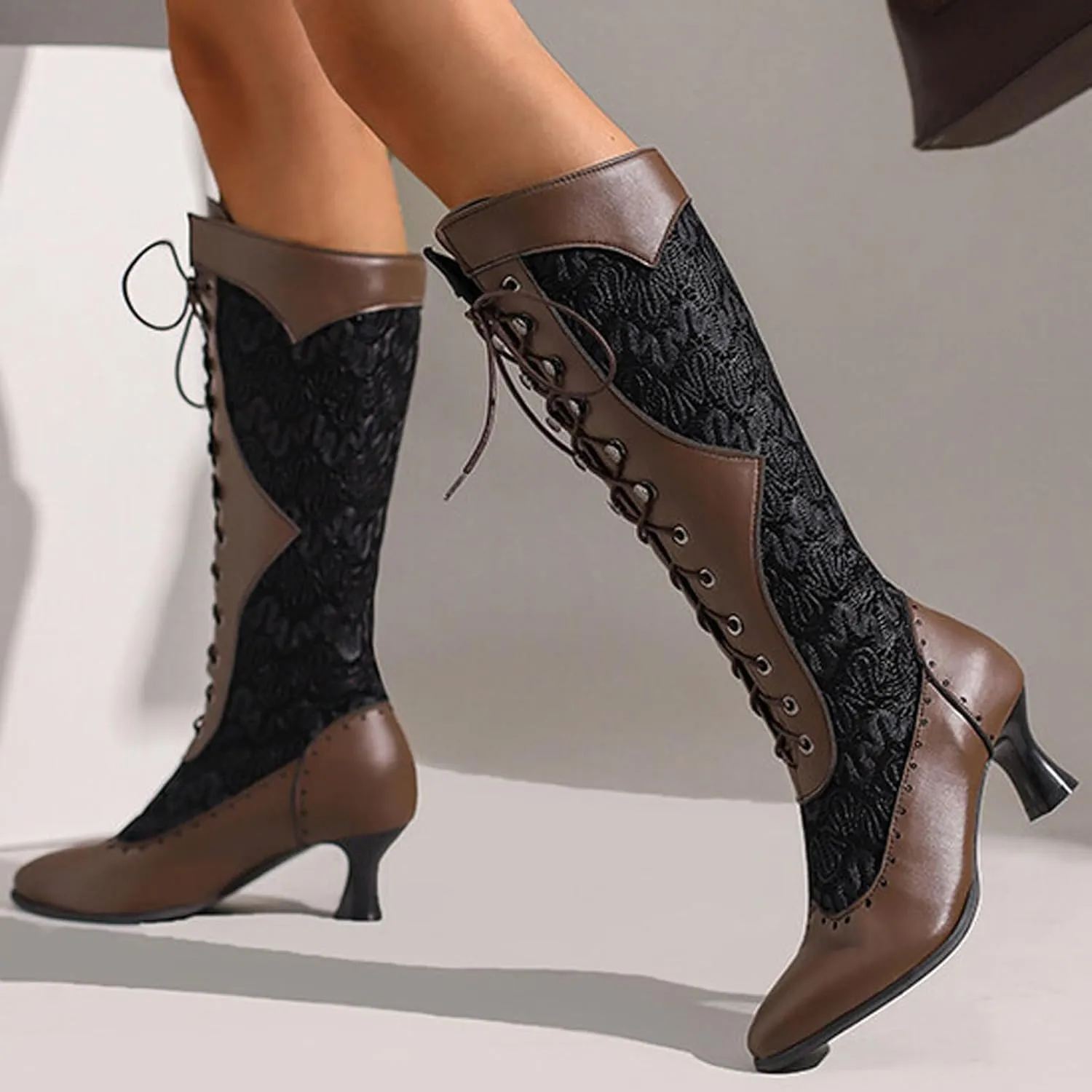 Knee High Combat Boots Womens Lace Up High Heel Leather Boots Lace Splicing Cowboy Riding Boots