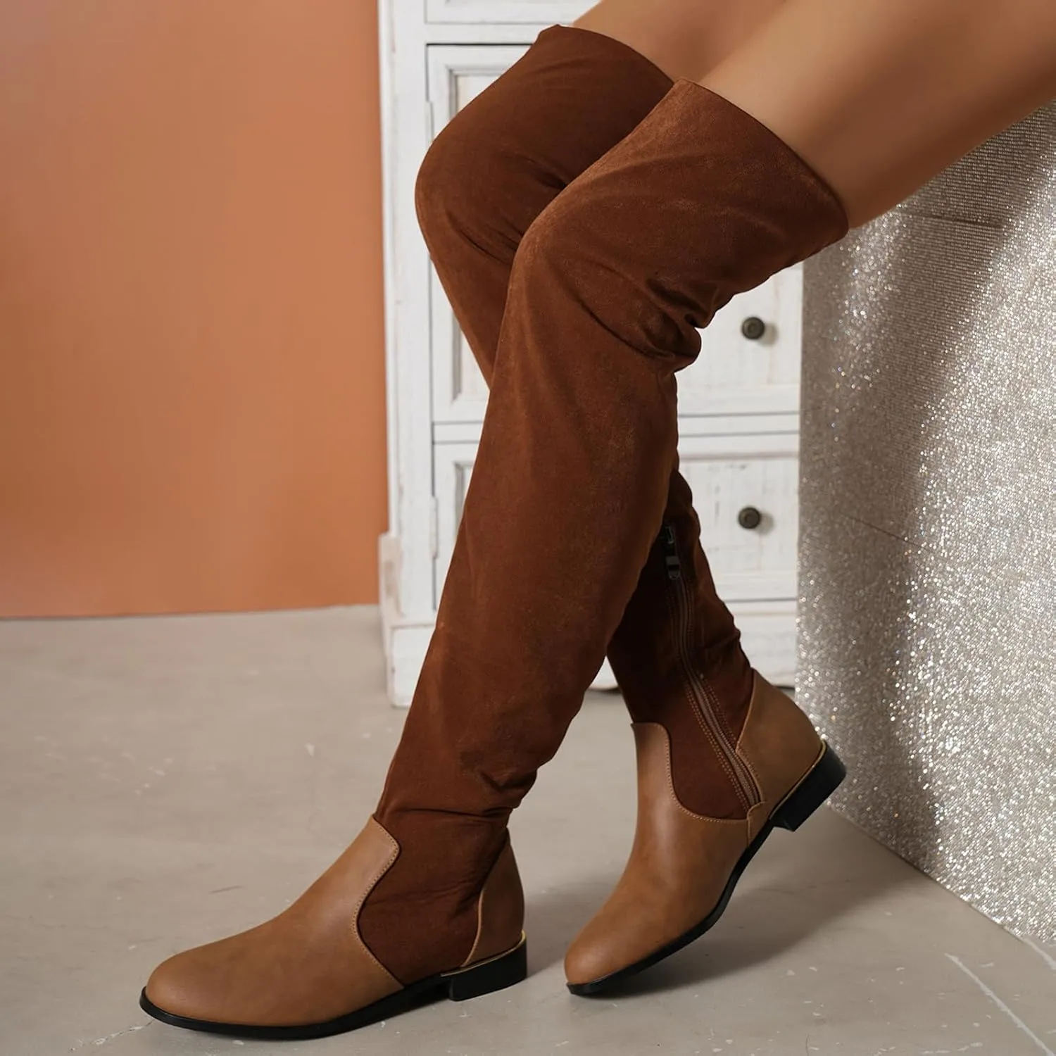 Knee Length Boots for Women's New European and Large Size Boots for Women's Foreign Trade Suede Stitching Thick Heels Fashion Boots Thigh High Platform Boots for Women