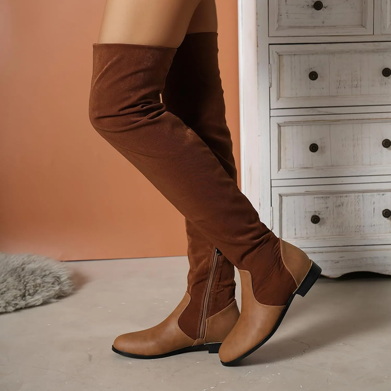 Knee Length Boots for Women's New European and Large Size Boots for Women's Foreign Trade Suede Stitching Thick Heels Fashion Boots Thigh High Platform Boots for Women