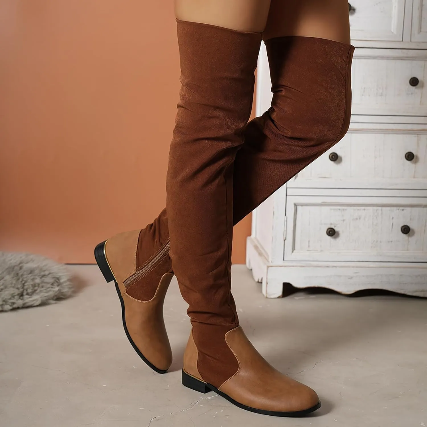 Knee Length Boots for Women's New European and Large Size Boots for Women's Foreign Trade Suede Stitching Thick Heels Fashion Boots Thigh High Platform Boots for Women