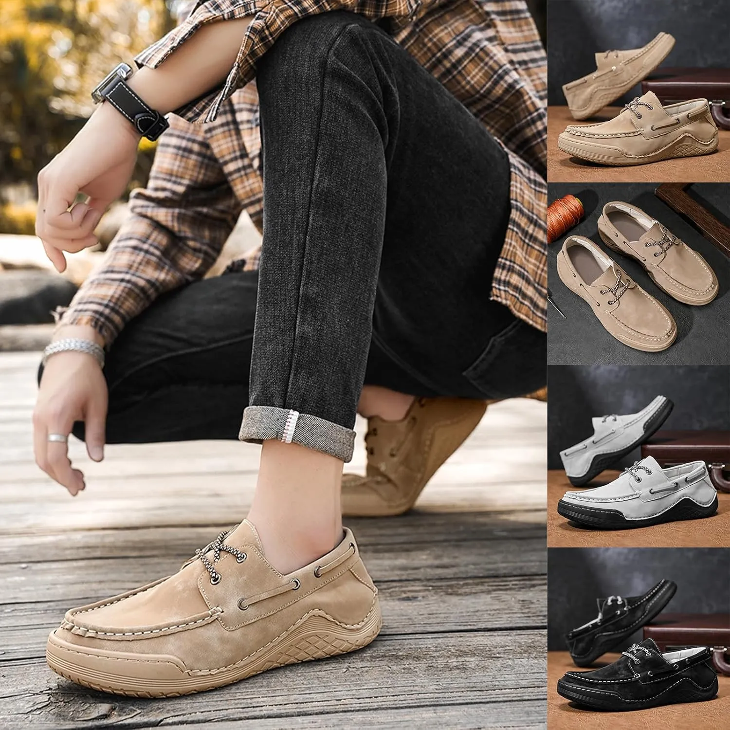 Lossarye Men's Leather 2 Eye Boat Shoes Moccasin Toe Casual Lace Up Driving Loafers Comfortable Slip On Walking Boat Shoes