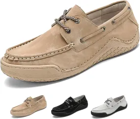 Lossarye Men's Leather 2 Eye Boat Shoes Moccasin Toe Casual Lace Up Driving Loafers Comfortable Slip On Walking Boat Shoes