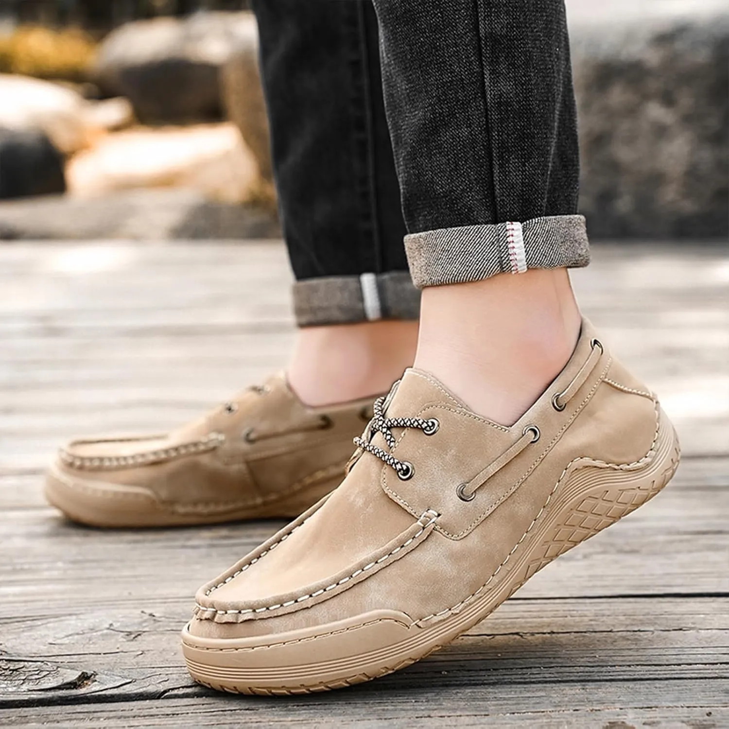 Lossarye Men's Leather 2 Eye Boat Shoes Moccasin Toe Casual Lace Up Driving Loafers Comfortable Slip On Walking Boat Shoes
