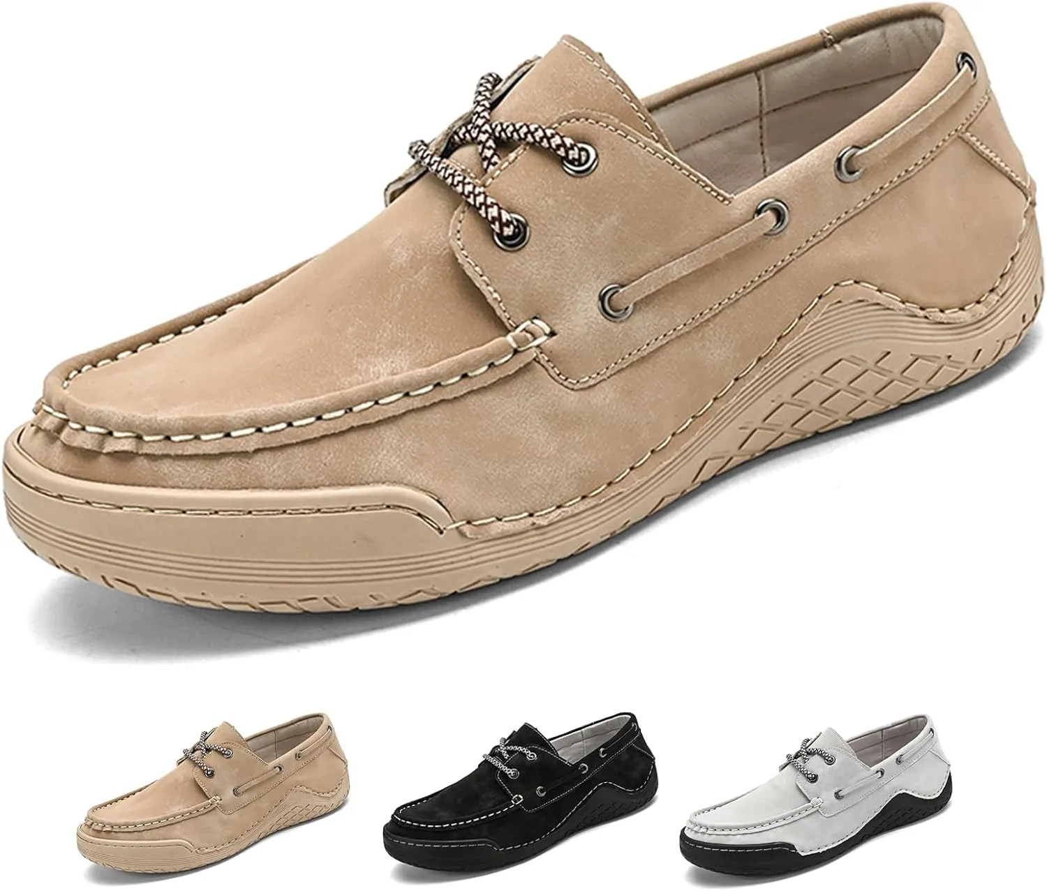 Lossarye Men's Leather 2 Eye Boat Shoes Moccasin Toe Casual Lace Up Driving Loafers Comfortable Slip On Walking Boat Shoes