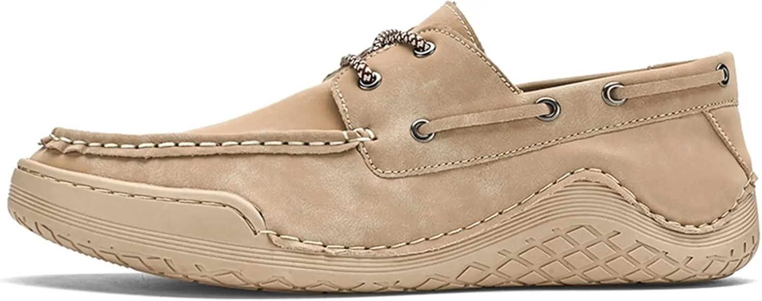 Lossarye Men's Leather 2 Eye Boat Shoes Moccasin Toe Casual Lace Up Driving Loafers Comfortable Slip On Walking Boat Shoes