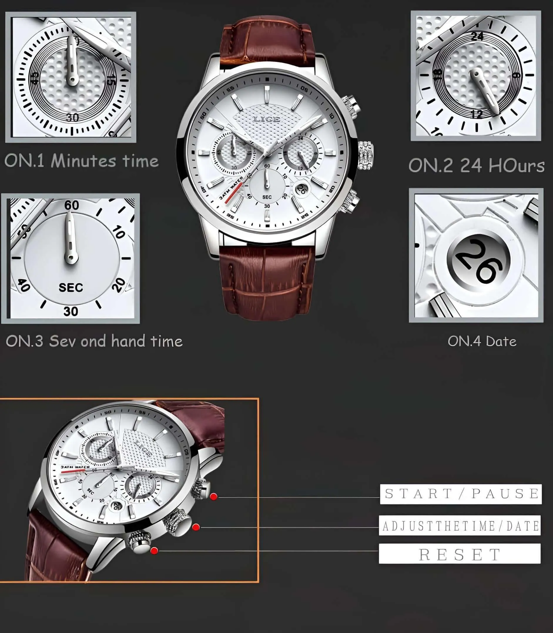 Men's Leather Chronograph Waterproof Watch