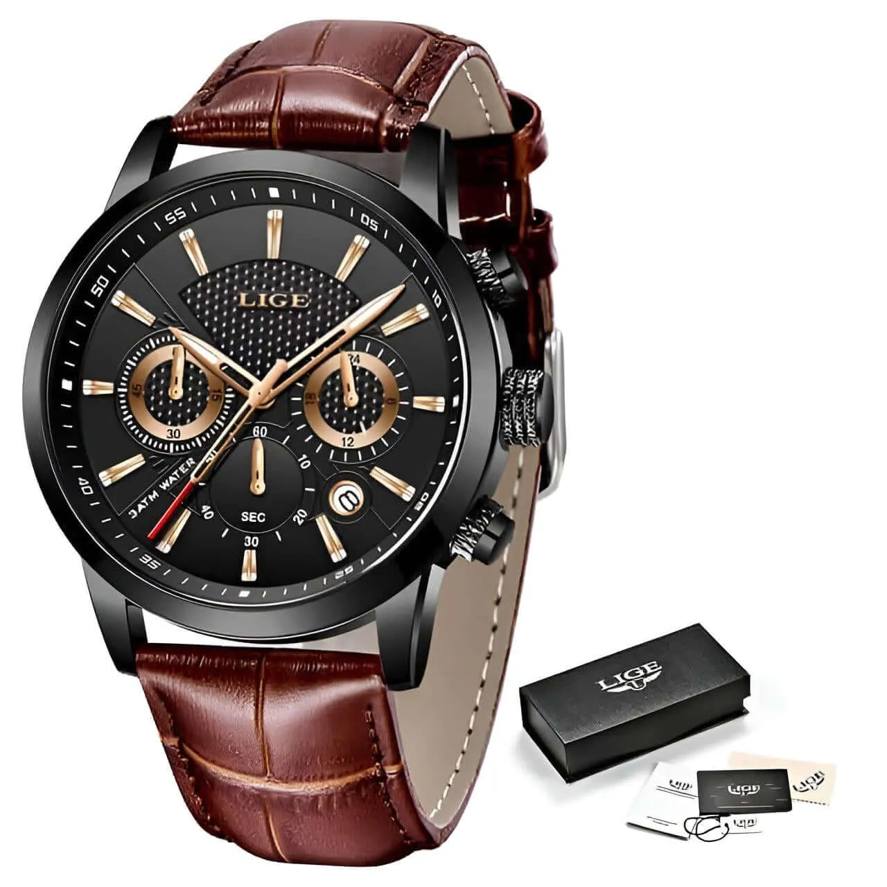 Men's Leather Chronograph Waterproof Watch