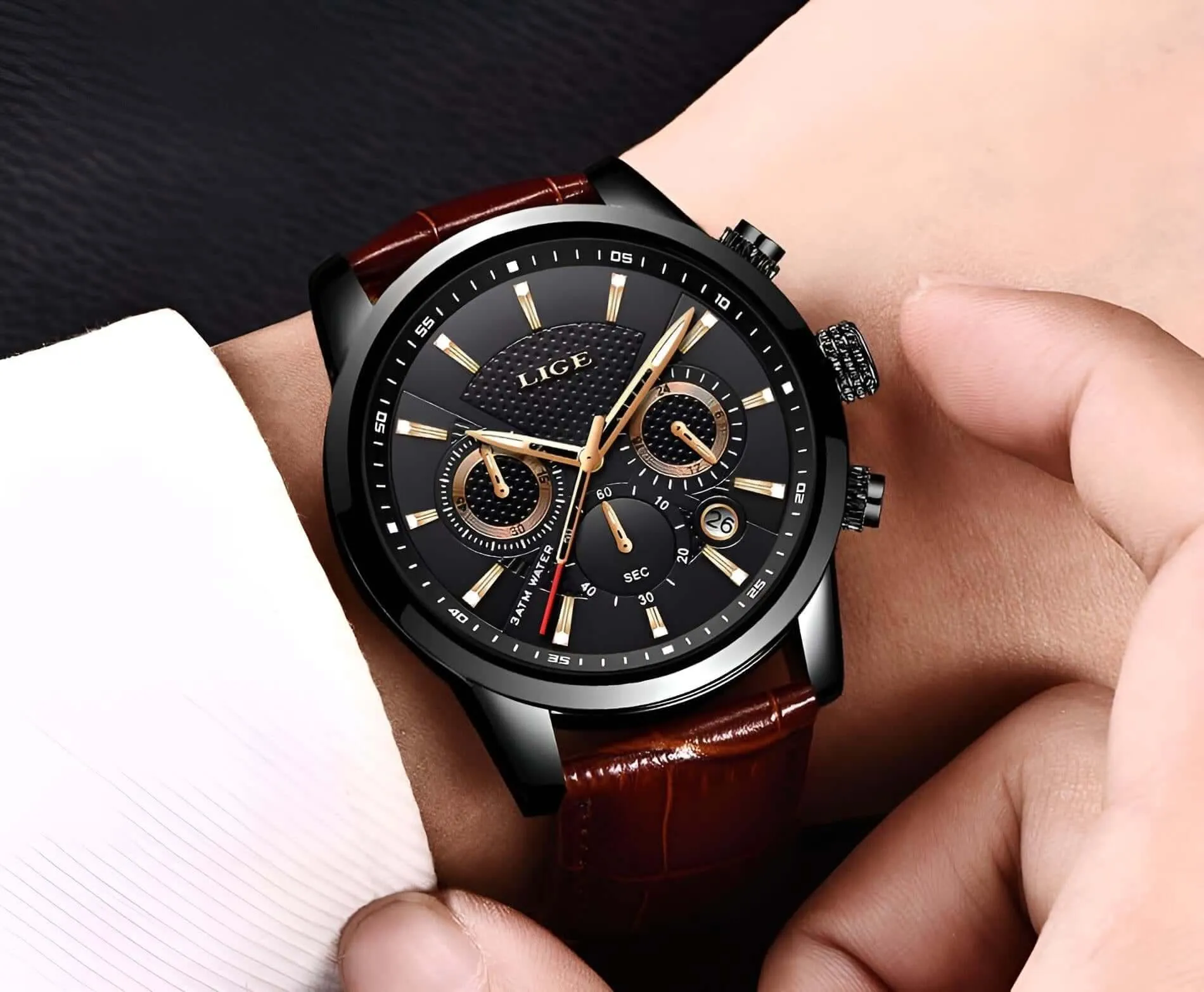 Men's Leather Chronograph Waterproof Watch