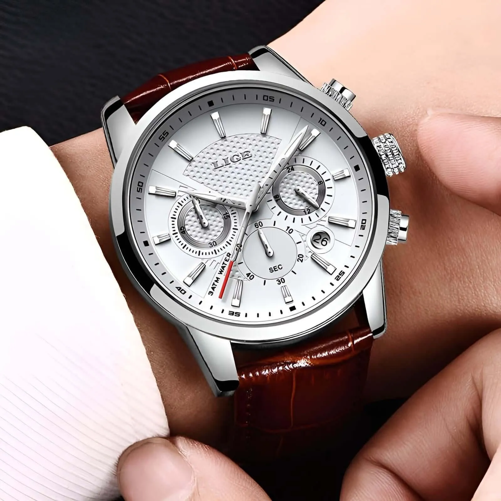 Men's Leather Chronograph Waterproof Watch