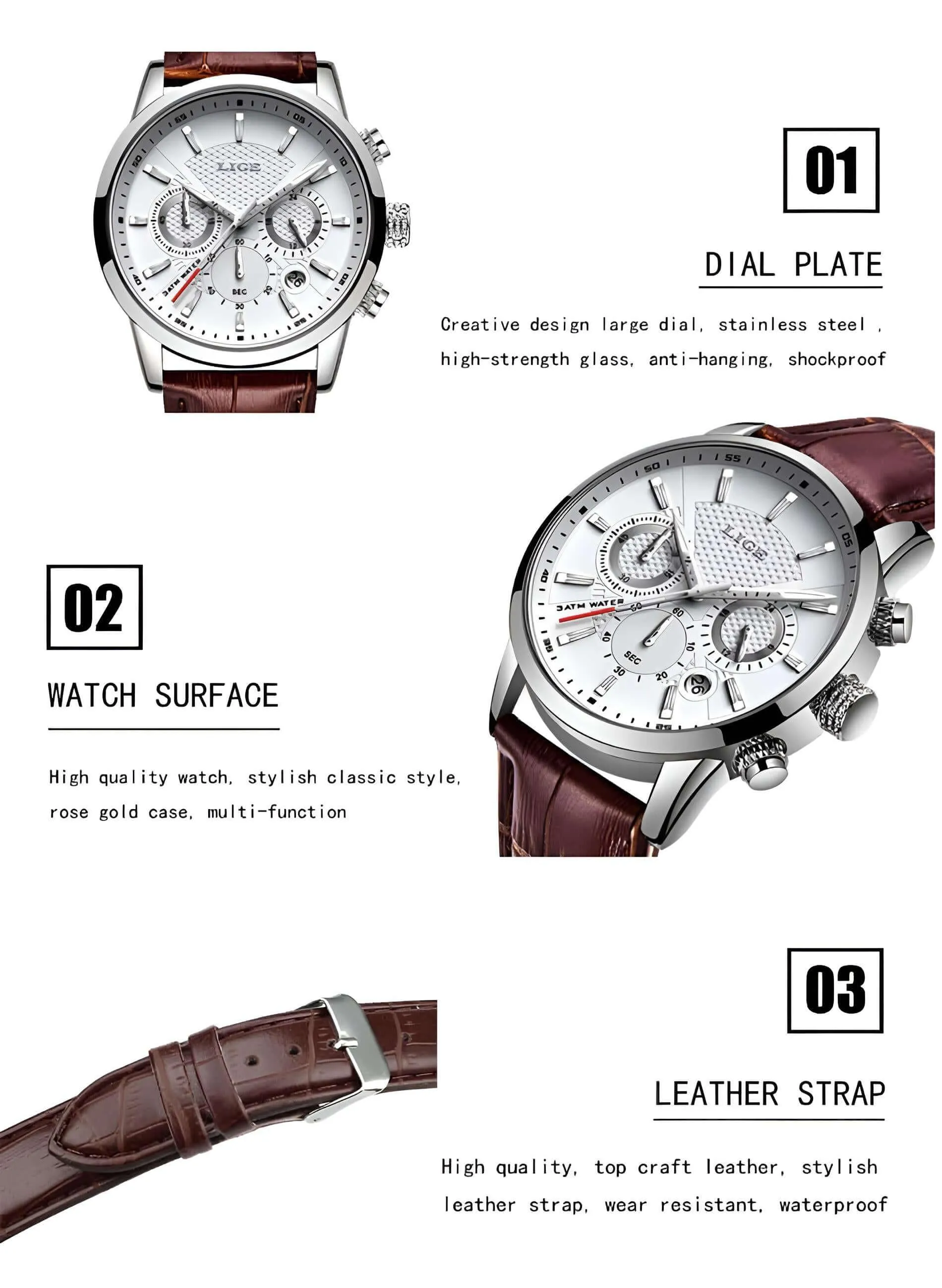 Men's Leather Chronograph Waterproof Watch