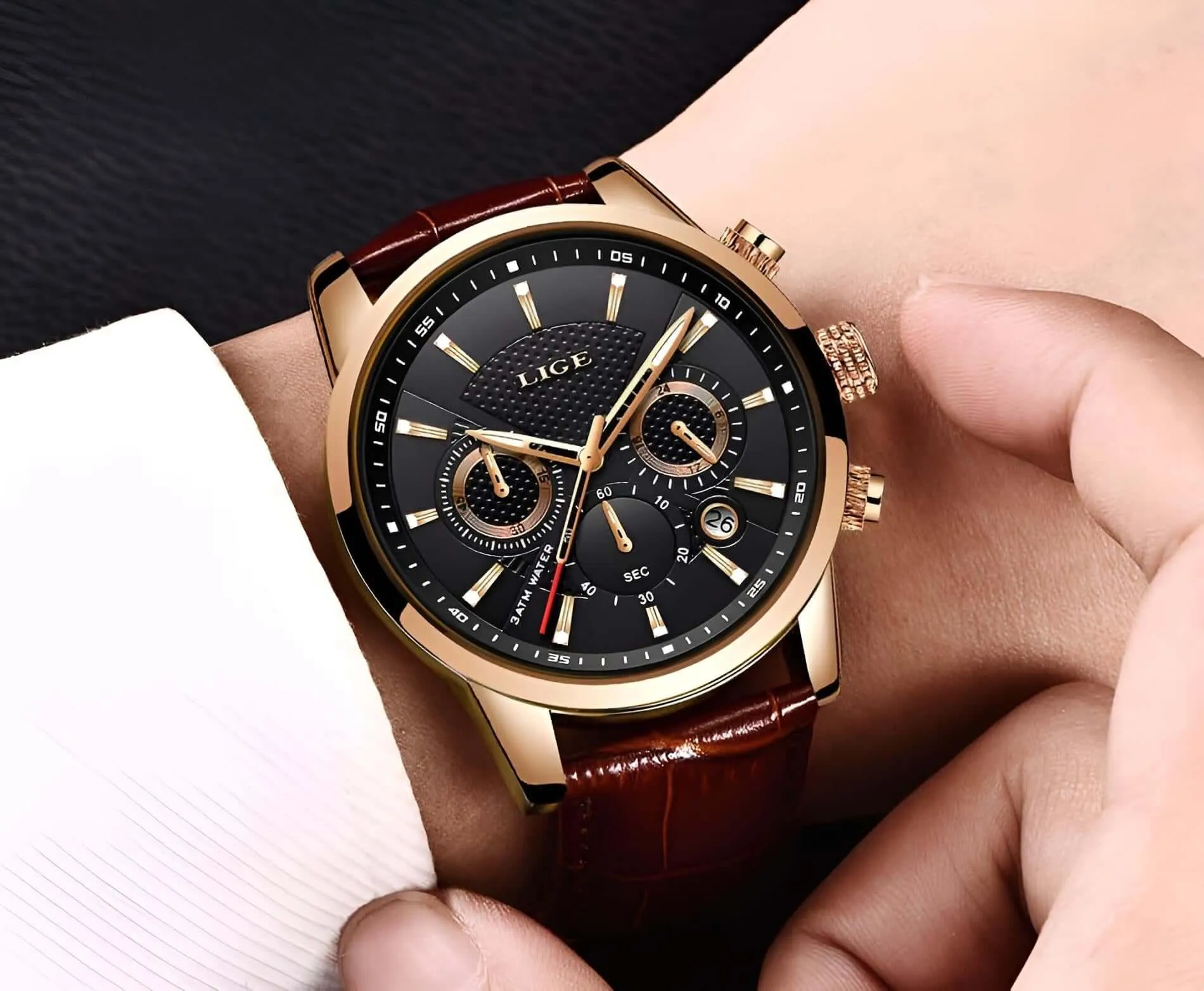 Men's Leather Chronograph Waterproof Watch