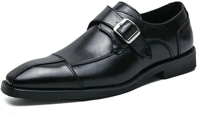 New Dress Oxford Shoes for Men Slip On Square Burnished Toe Patchwork Snip Toe Monk Strap Slip Resistant Rubber Sole Non Slip Walking