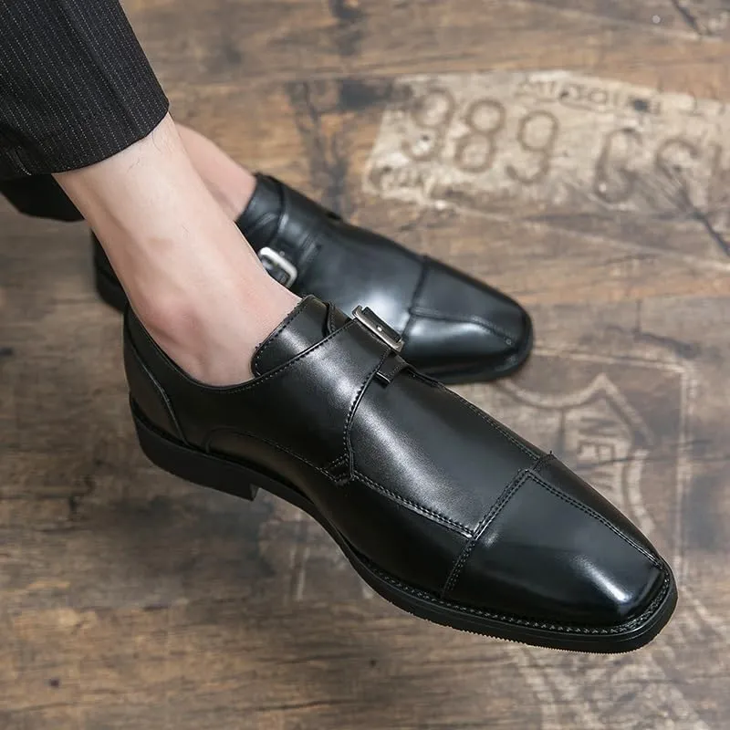 New Dress Oxford Shoes for Men Slip On Square Burnished Toe Patchwork Snip Toe Monk Strap Slip Resistant Rubber Sole Non Slip Walking