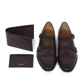 Saint Alboin Two Color Toned Red Leather Double Buckled Monk Strap With Set