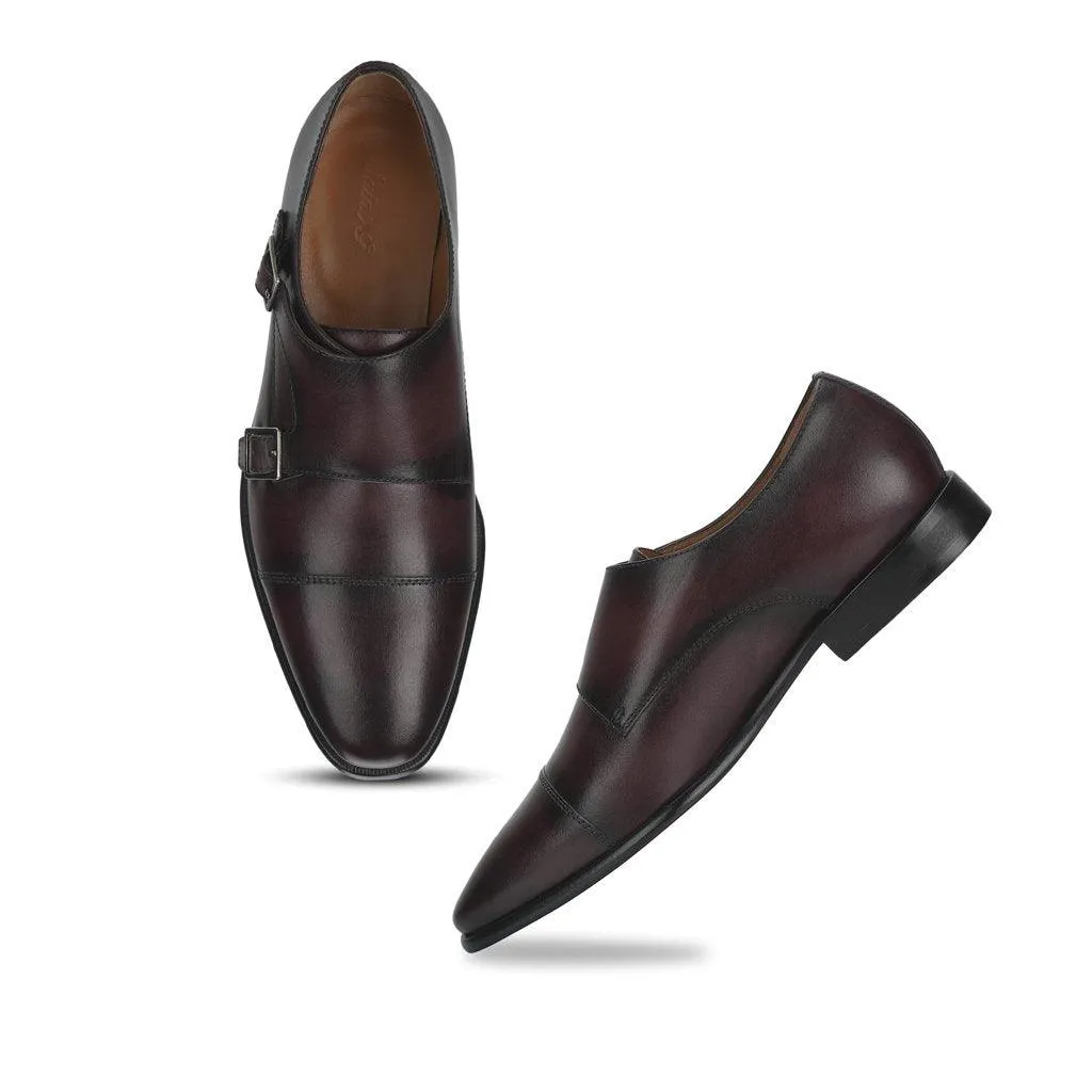 Saint Alboin Two Color Toned Red Leather Double Buckled Monk Strap With Set