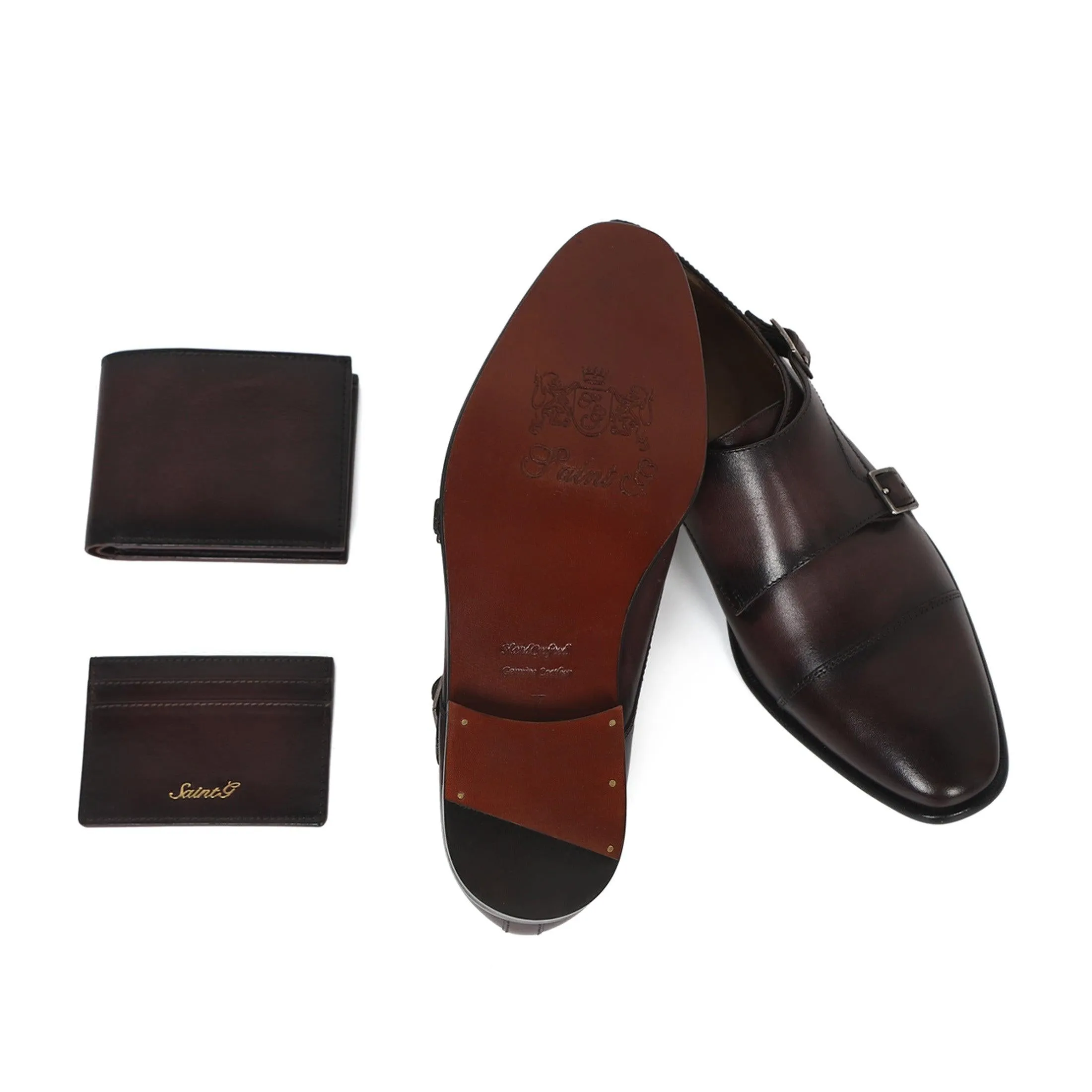 Saint Alboin Two Color Toned Red Leather Double Buckled Monk Strap With Set