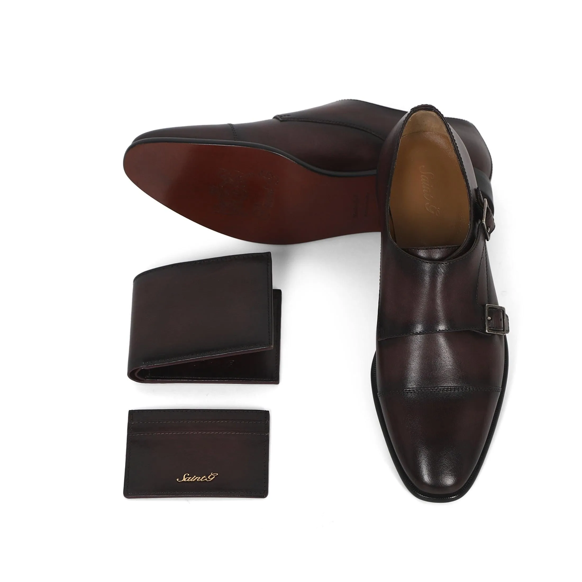 Saint Alboin Two Color Toned Red Leather Double Buckled Monk Strap With Set