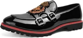 Santimon Unisex Platform Loafers Lug Sole Pattern Leather American Classics Embroidery Monk Shoes