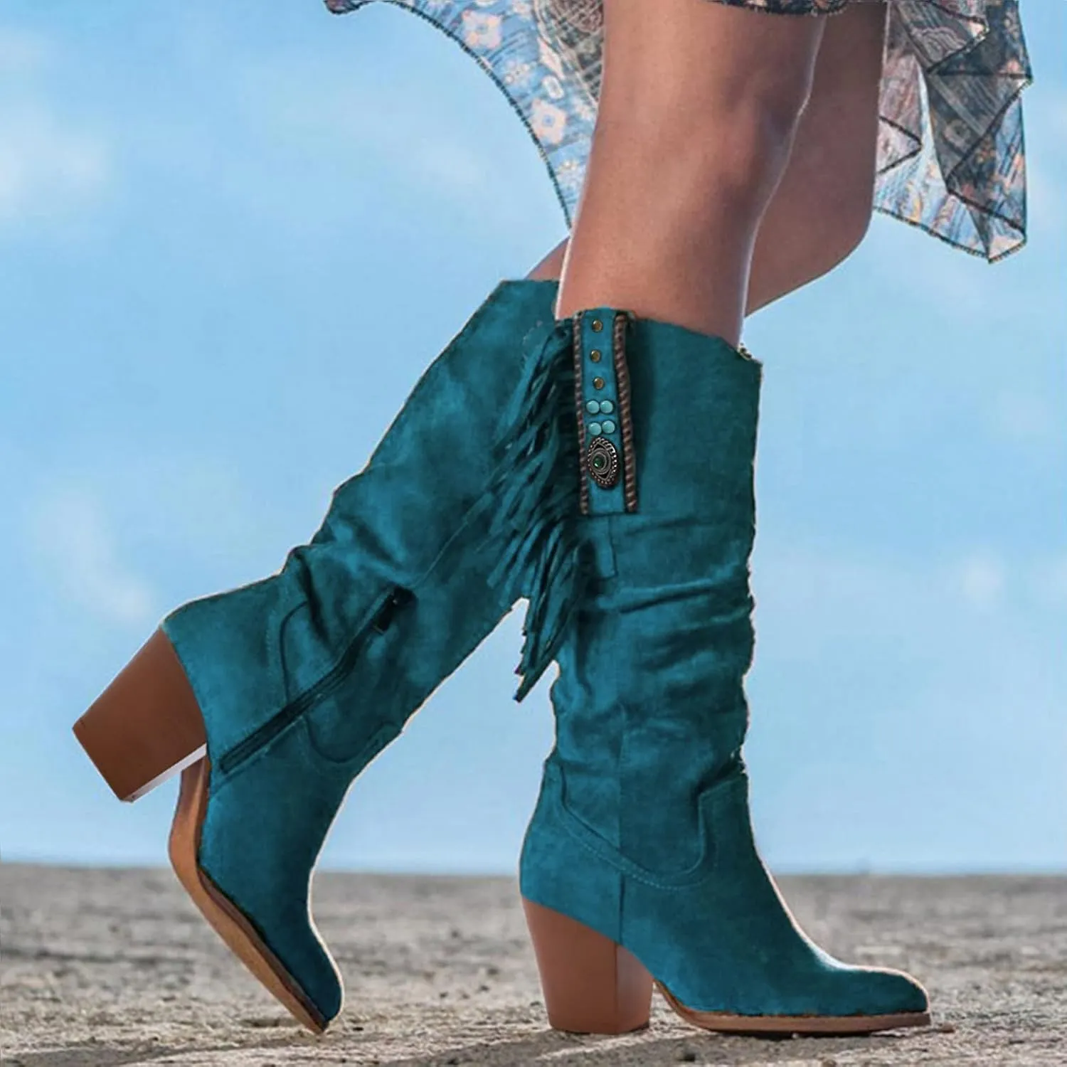 SBGMoSJ Mid Calf Boots Women Chunky Brown Knee High Boots Flat Heel Womens Cowboy Boots Wide Calf Wide Width Tall Brown Leather Boots Women Wide Calf Womens Suede Boots Knee High Slouch