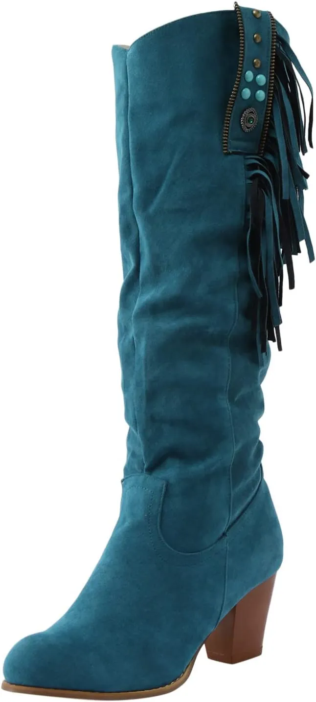 SBGMoSJ Mid Calf Boots Women Chunky Brown Knee High Boots Flat Heel Womens Cowboy Boots Wide Calf Wide Width Tall Brown Leather Boots Women Wide Calf Womens Suede Boots Knee High Slouch