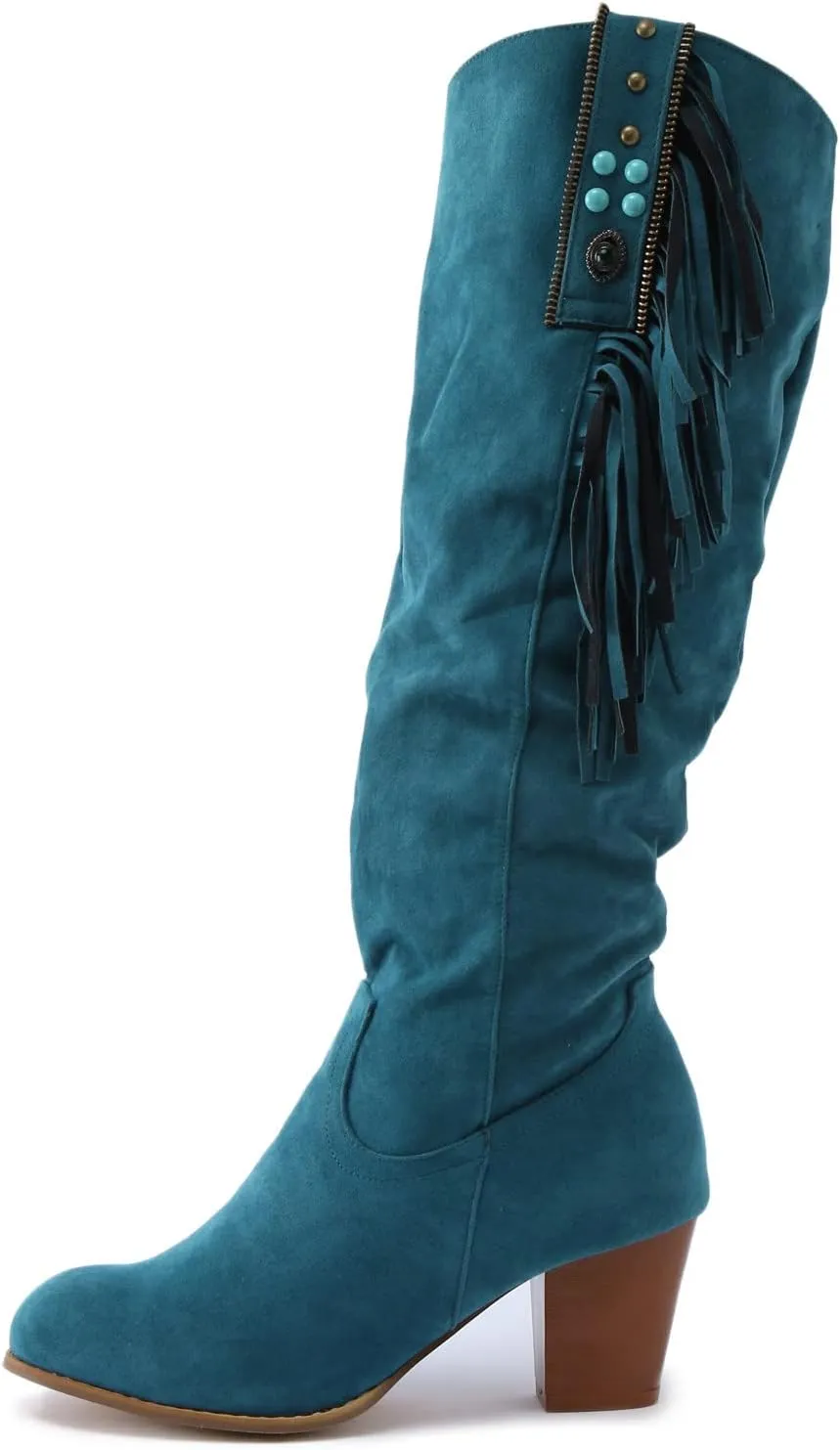SBGMoSJ Mid Calf Boots Women Chunky Brown Knee High Boots Flat Heel Womens Cowboy Boots Wide Calf Wide Width Tall Brown Leather Boots Women Wide Calf Womens Suede Boots Knee High Slouch