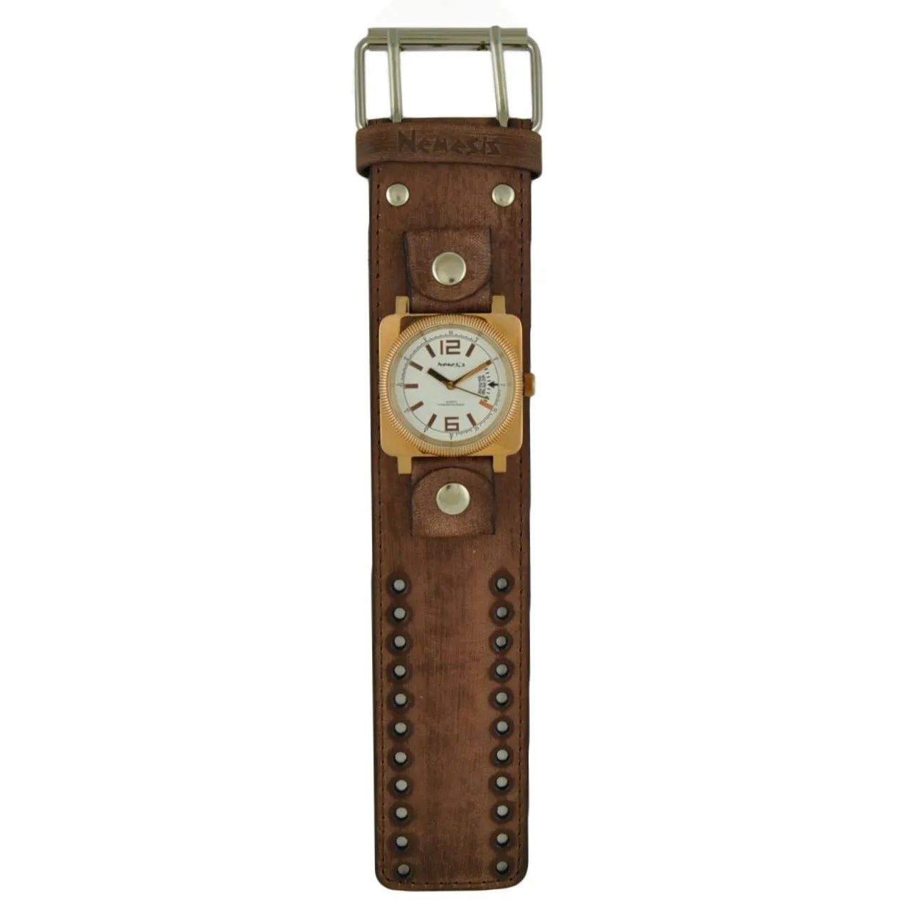 White Signature Rose Tone Watch with Faded Brown XL Stitch Leather Cuff Band FBLBB062S