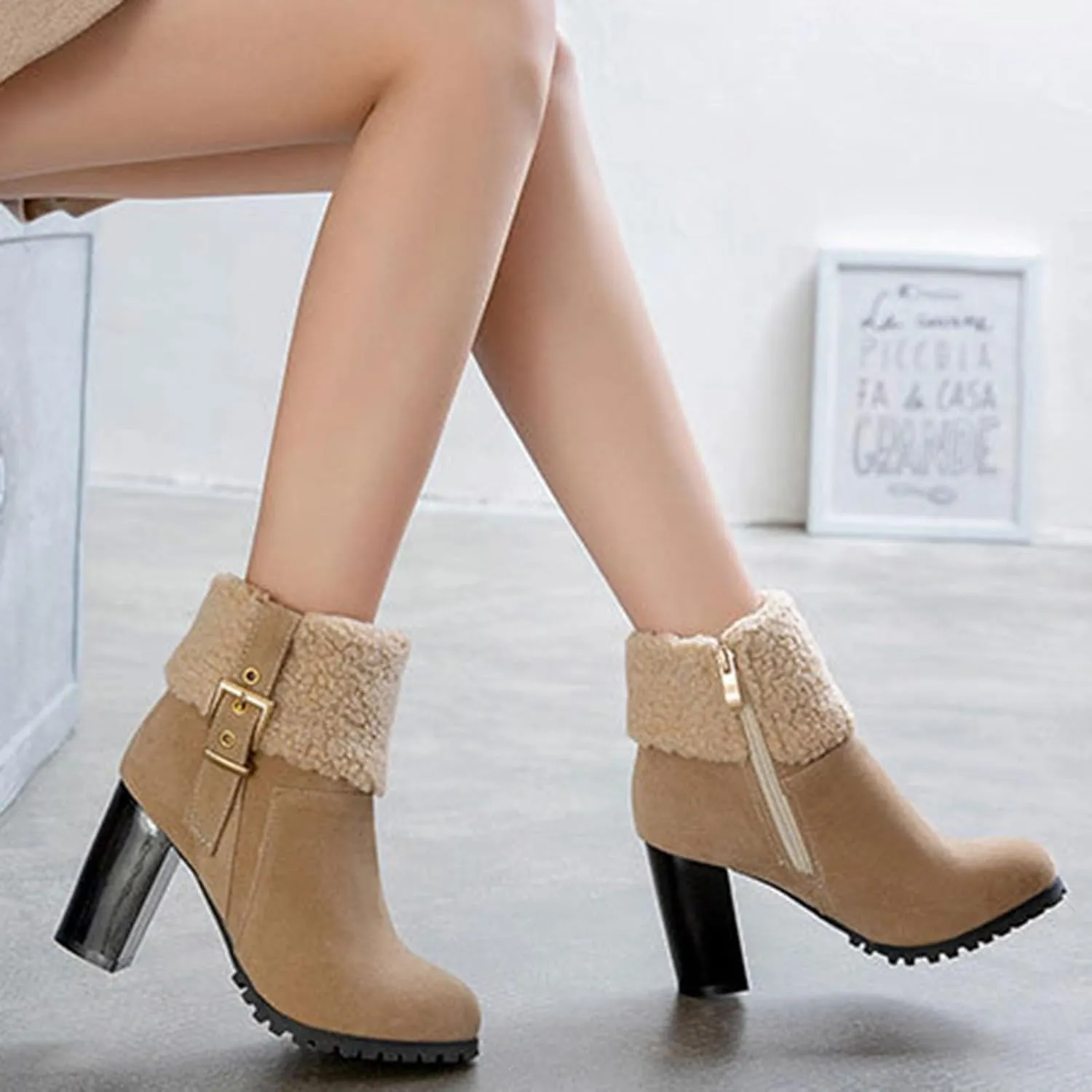 Winter Boots for Women Comfortable Side Zipper Mid Chunky Heel Suede Warm Snow Ankle Boot Outdoor Party Shoes