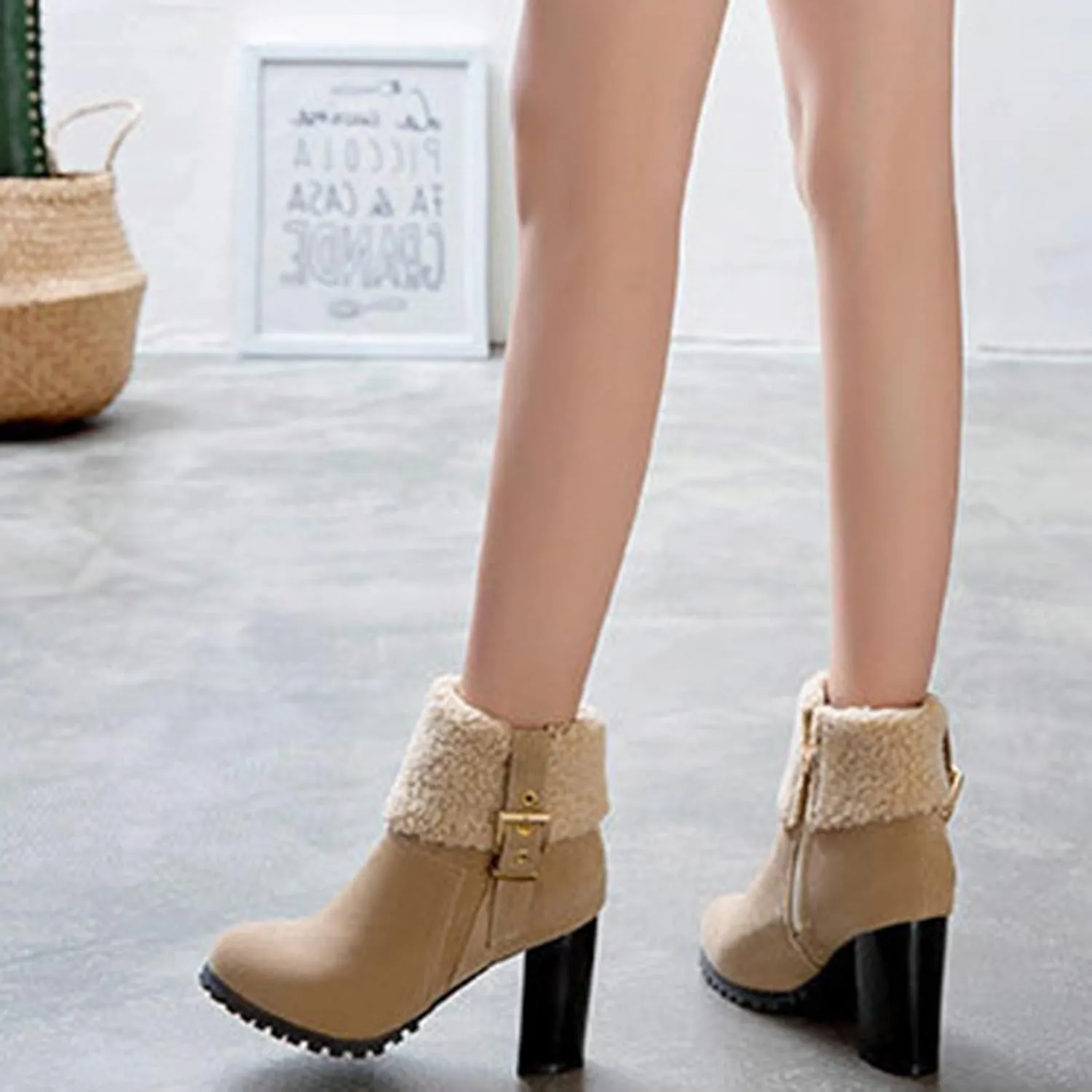 Winter Boots for Women Comfortable Side Zipper Mid Chunky Heel Suede Warm Snow Ankle Boot Outdoor Party Shoes