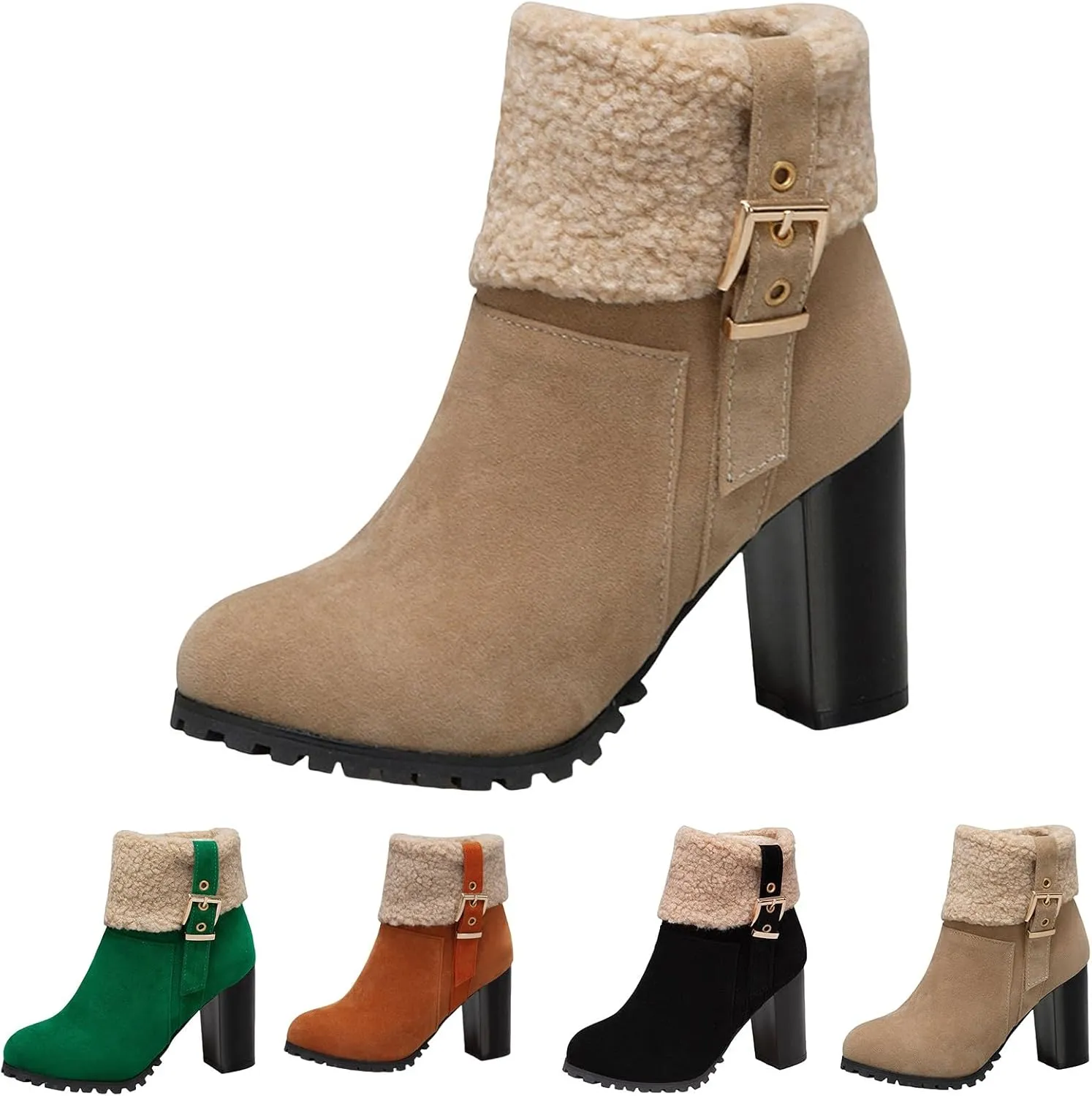 Winter Boots for Women Comfortable Side Zipper Mid Chunky Heel Suede Warm Snow Ankle Boot Outdoor Party Shoes